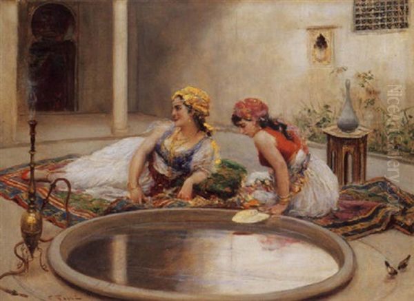 Two Harem Girls At A Reflecting Pool Oil Painting by Fabbio Fabbi