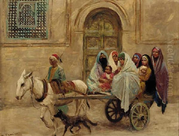 An Arab Family On A Donkey Drawn Cart Oil Painting by Fabbio Fabbi