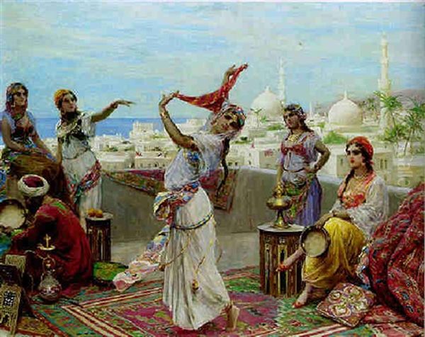 Oriental Dancers On A Roof-top Terrace Oil Painting by Fabbio Fabbi