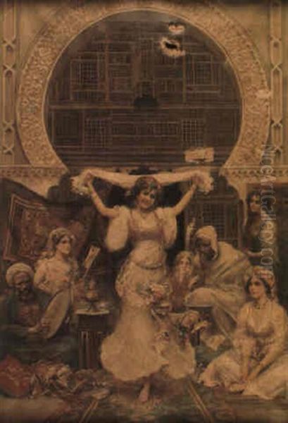 A Moroccan Harem Scene With Dancing Girl, Musicians And Onlookers Oil Painting by Fabbio Fabbi