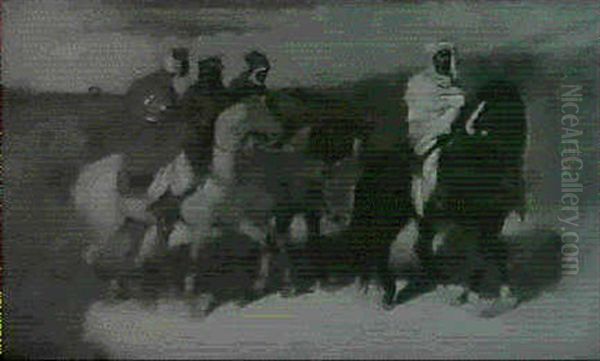 Beduinen Auf Ihren Pferden In Einem Wustental Bei Anbruch   Der Nacht Oil Painting by Otto Von Faber Du Faur