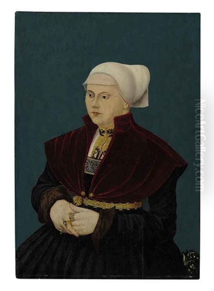 Portrait Of Margarethe Schott In A Black Gown With An Embroidered Guimpe, Gold Girdle And Red Mantlet Oil Painting by Conrad Faber von Creuznach