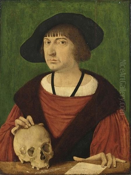 A Portrait Of A Gentleman, Bust Length, In A Red Mantle With A Skull And A Letter Oil Painting by Conrad Faber von Creuznach