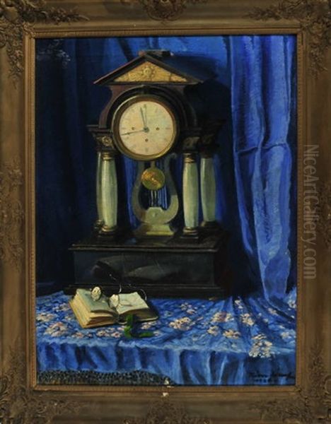 Stilleben Mit Tischuhr, Aufgeschlagenem Buch Und Abgelegter Lesebrille Vor Blauem Vorhang Oil Painting by Fritz Faber