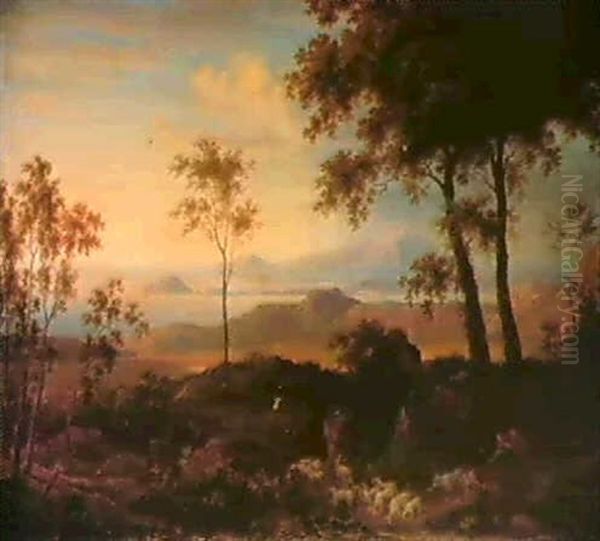 A Goatherd And His Herd By A Stream In A Classical          Landscape Oil Painting by Johann Faber