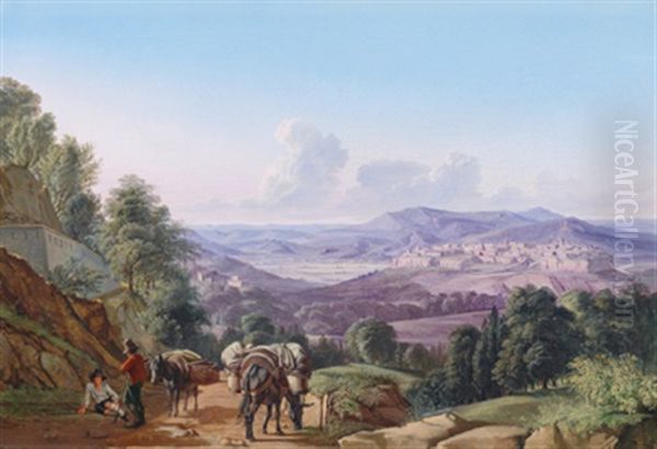 Eine Ansicht Von Orvieto Von Sudwesten Mit Rastenden Reisenden Im Vordergrund Oil Painting by Johann Joachim Faber