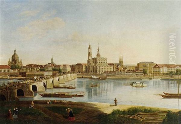 Dresden From The Right Back Of The Elbe Below The August Bridge Oil Painting by Karl Gottfried Traugott Faber