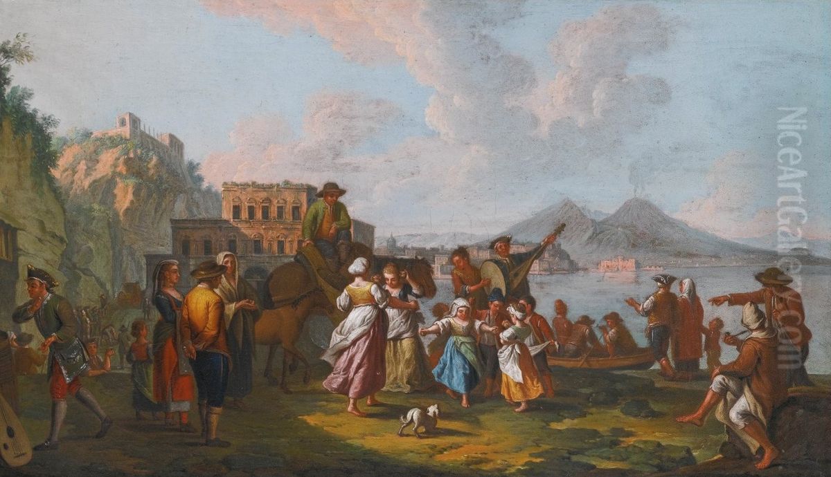 Tarantella At Palazzo Donn'anna With Vesuvius In The Background Oil Painting by Pietro Fabris