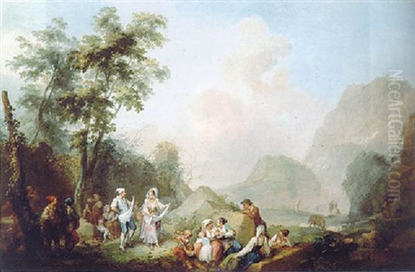 A Pastoral Landscape With Peasants Dancing And Resting In The Foreground, A Waterfall And Mountains Beyond Oil Painting by Pietro Fabris
