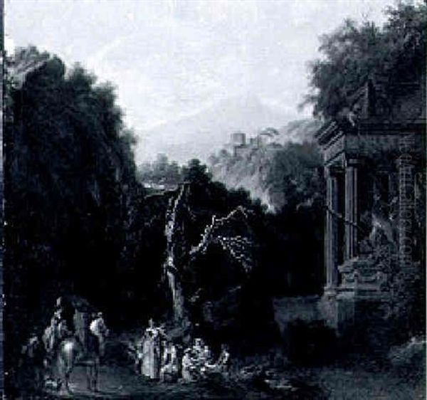 A Mountainous River Landscape With A Hunting Party Greeting Washerwoman And Their Children At A Roadside Oil Painting by Pietro Fabris