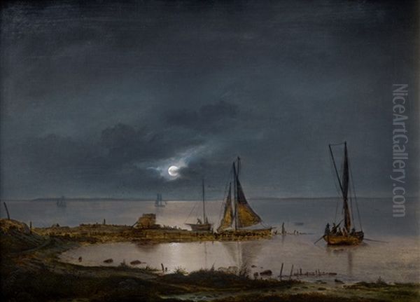 Mondscheinlandschaft An Kuste Mit Segelbooten Oil Painting by Frederik Michael Fabritius de Tengnagel