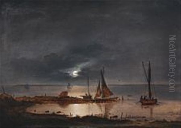 Coastal Scenery With Small Vessels In The Moonlight Oil Painting by Frederik Michael Fabritius de Tengnagel