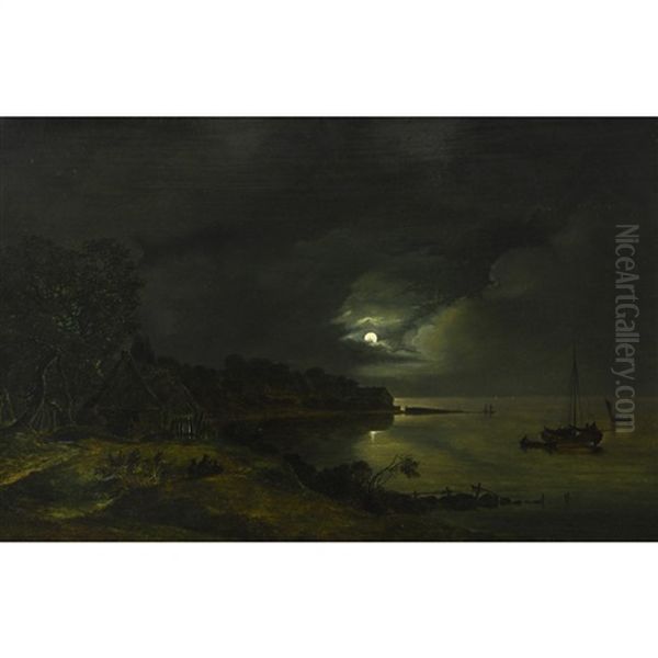 Danische Kustenlandschaft Bei Mondschein / Danish Coastal Landscape At Moonlight Oil Painting by Frederik Michael Fabritius de Tengnagel
