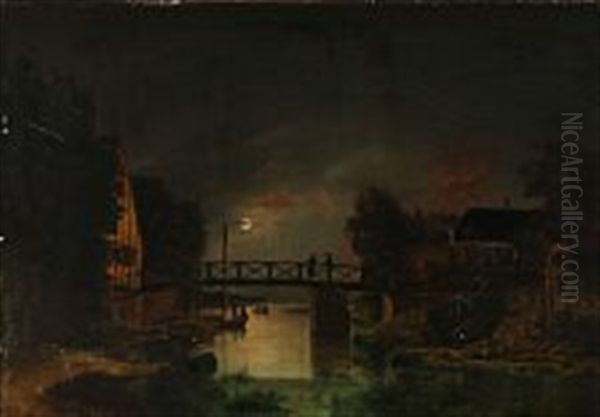 Canal Bathed In Moonlight Oil Painting by Frederik Michael Fabritius de Tengnagel