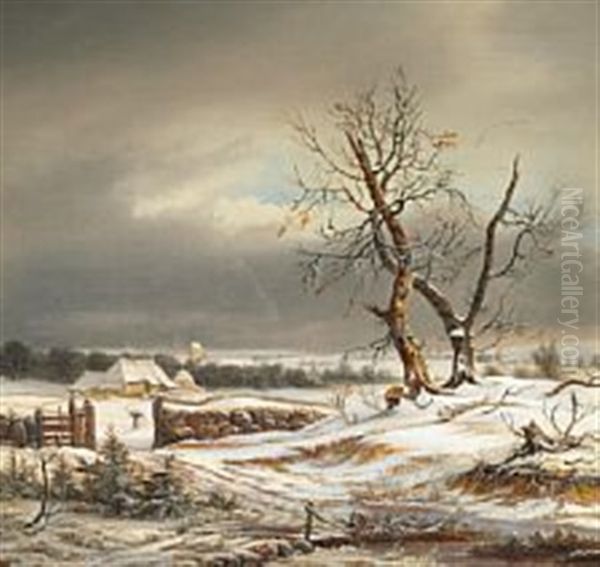 Quiet Winter Day At Gentofte Village Oil Painting by Frederik Michael Fabritius de Tengnagel