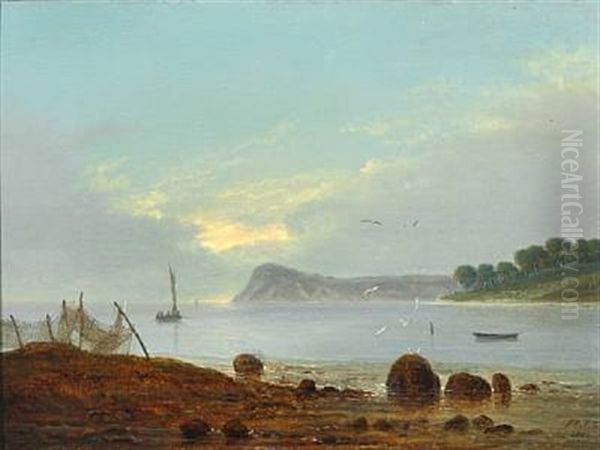A Coastal Scene In The Evening. In The Foreground Fishing Net Hanging Out To Dry Oil Painting by Frederik Michael Fabritius de Tengnagel