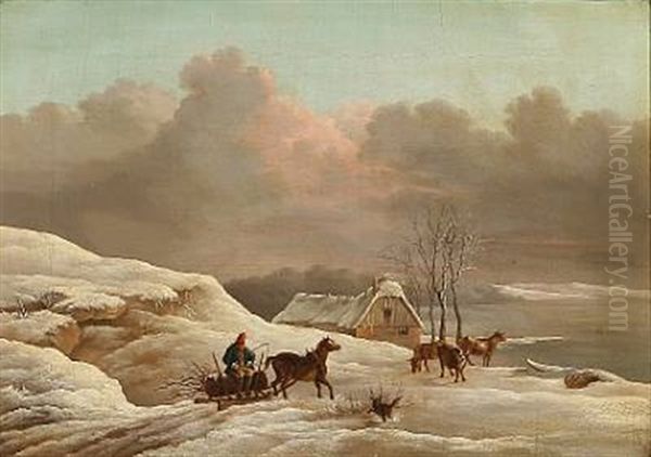 Winter Landscape With A Man Driving Wood On A Carriage Oil Painting by Frederik Michael Fabritius de Tengnagel