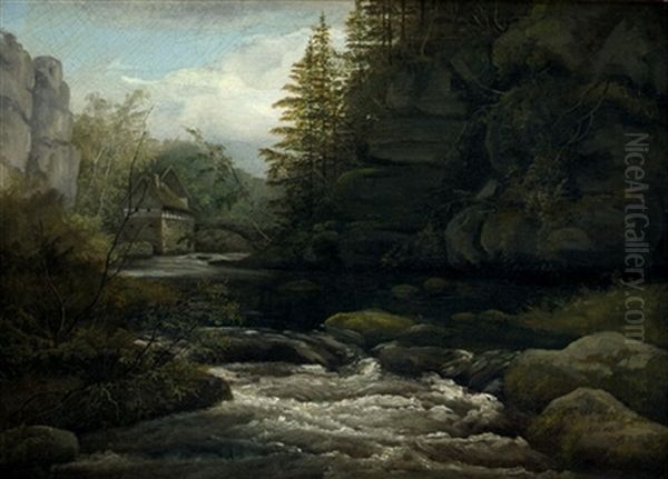 Die Lochmuhle Im Liebethaler Grund Oil Painting by Frederik Michael Fabritius de Tengnagel