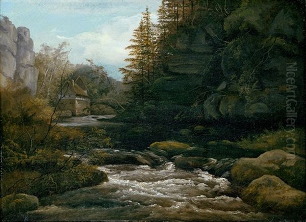 Die Lochmuhle Im Liebethaler Grund In Der Sachsischen Schweiz Oil Painting by Frederik Michael Fabritius de Tengnagel