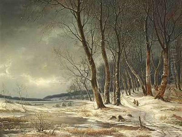 Vinter I Skoven Med Kone Og Mand, Der Sanker Braende Pa En Sti Oil Painting by Frederik Michael Fabritius de Tengnagel