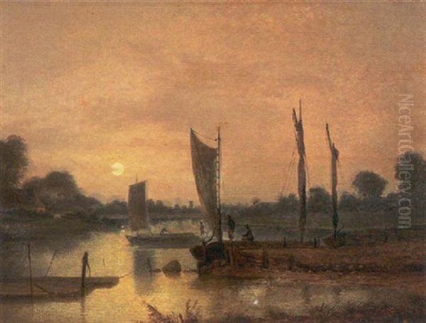 Flodparti Med Personer Ved Bade I Maneskin Oil Painting by Frederik Michael Fabritius de Tengnagel