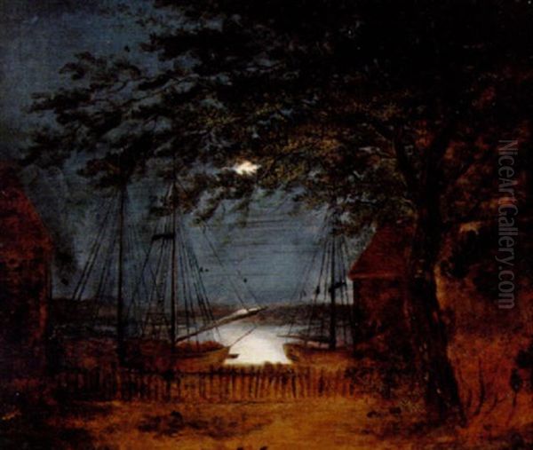 Havneparti Med Skibe I Maneskin Oil Painting by Frederik Michael Fabritius de Tengnagel
