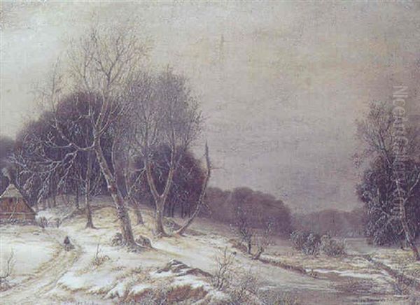 Vinterlandskap Med Hus I Skovens Udkant Oil Painting by Frederik Michael Fabritius de Tengnagel