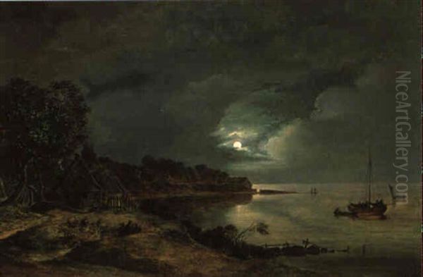 Danische Kustenlandschaft Bei Mondschein Oil Painting by Frederik Michael Fabritius de Tengnagel