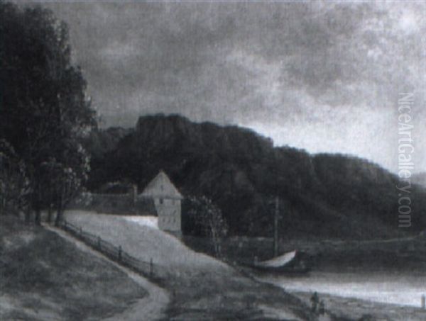 Norsk Landskab Med Huse Og Figurer Oil Painting by Frederik Michael Fabritius de Tengnagel