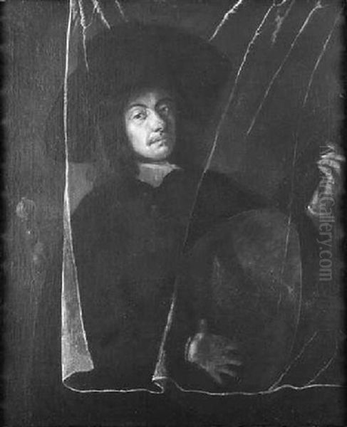 Bildnis Eines Lautenspielers, Der Hinter Einem Durchsichtigen Vorhang Steht. Er Tragt Einen Breitkrempigen Hut Oil Painting by Barent Fabritius