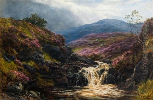 Highland River Landscape With Heathers Oil Painting by James Faed the Younger