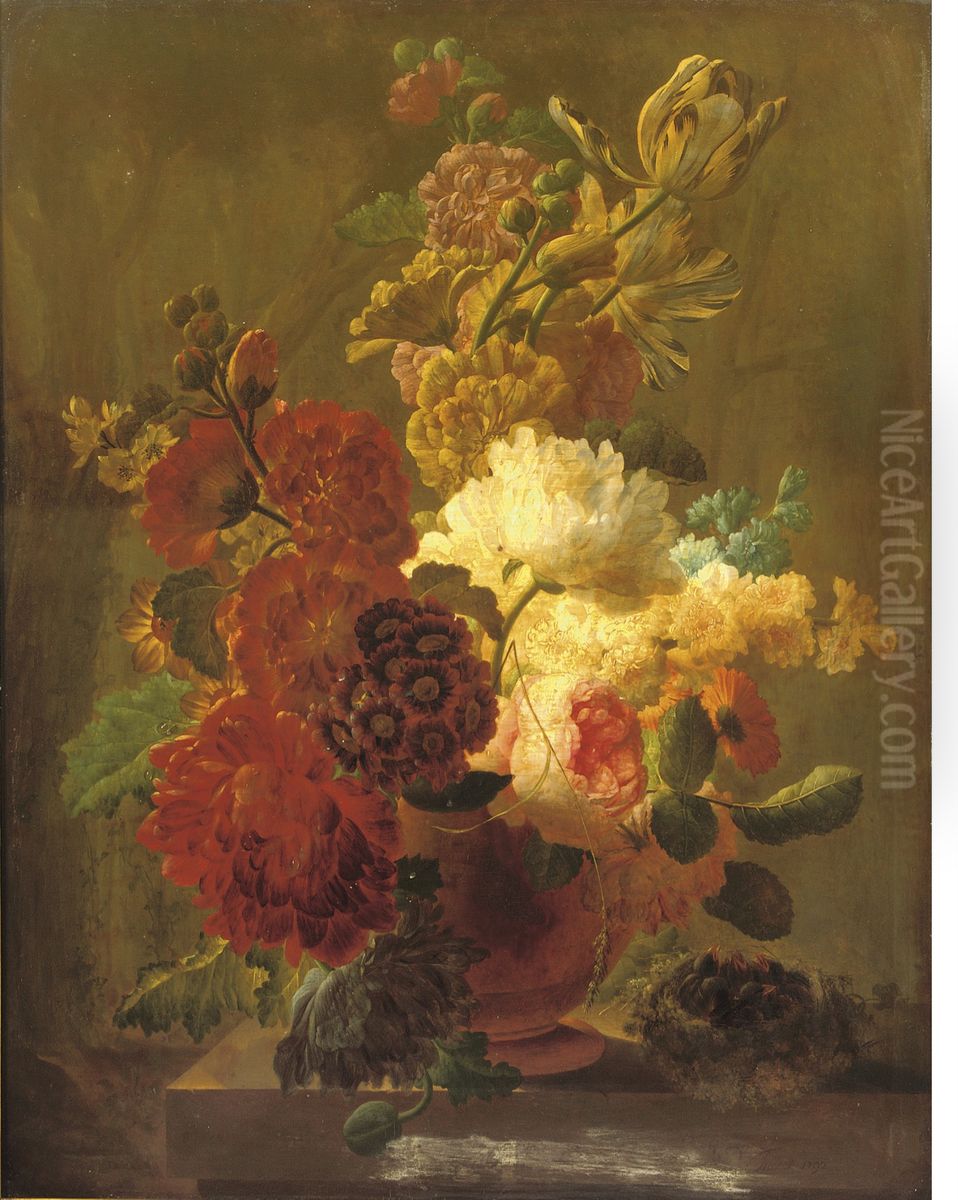 Roses, Tulips, Violets And Other Flowers In An Urn On A Stone Ledge With A Bird's Nest Oil Painting by Pieter Faes