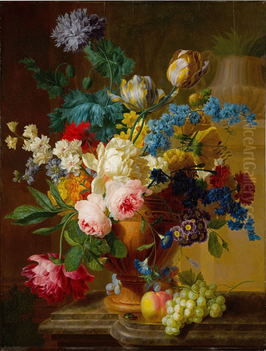 Still Life Of Roses, Peonies, Tulips, Narcissus, And Other Flowers In A Terracotta Vase, With Grapes And A Peach Oil Painting by Pieter Faes