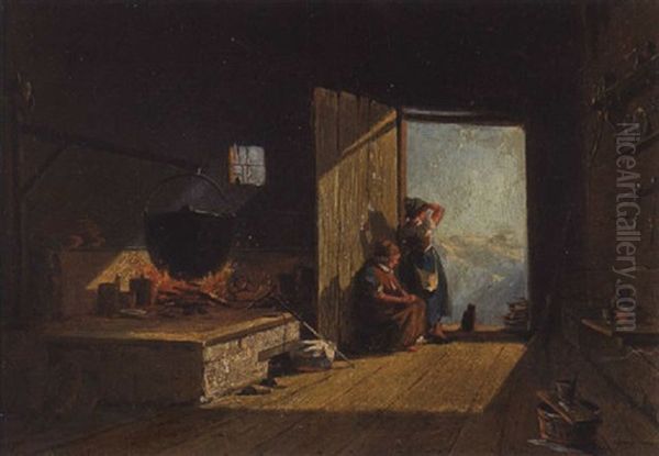 Sehnsuchige Erwartung: Eine Alte Bauerin, Die Junge Magd Und Die Katze In Der Offenen Tur Der Bauernstube Blicken Erwartungsvoll In Die Gebirgslandschaft Oil Painting by Ferdinand Fagerlin