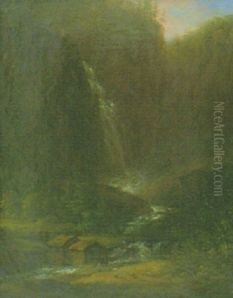 Landskap Med Hogt Vattenfall, Nedanfor Stugor Och Figurer Oil Painting by Carl Johan Fahlcrantz