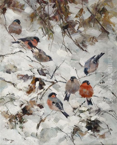 Vogel In Winterlandschaft Oil Painting by Carl Fahringer