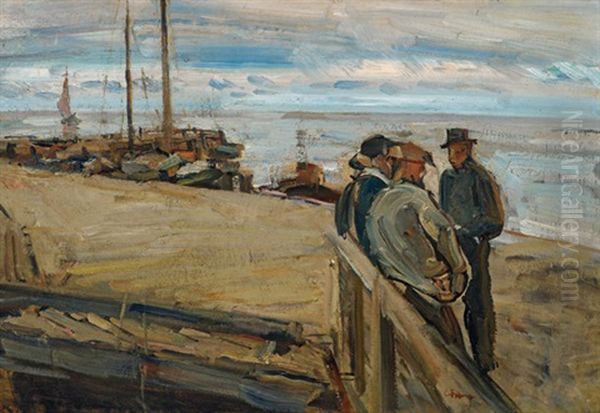 Vier Manner Am Strand Oil Painting by Carl Fahringer