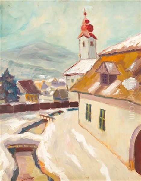 Verschneites Bergdorf Oil Painting by Carl Fahringer