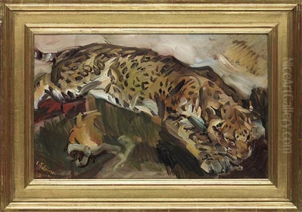 A Leopard Oil Painting by Carl Fahringer