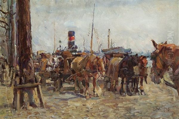Pferdefuhrwerke Am Hafen Oil Painting by Carl Fahringer