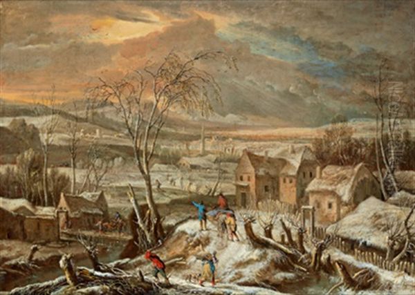 Winterlandschaft Mit Vielen Figuren Oil Painting by Anton Faistenberger