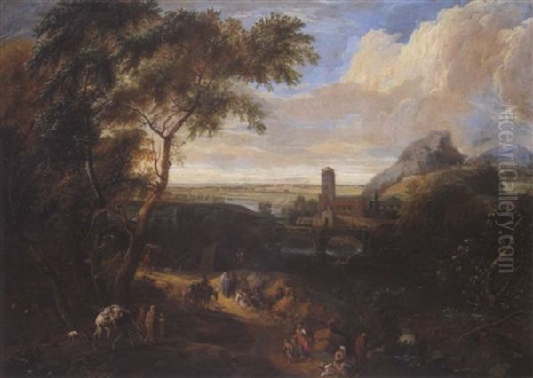 Sudliche Flusslandschaft Mit Einer Steinernen Bogenbrucke, Einem Schloss Und Vielen Figuren Oil Painting by Anton Faistenberger