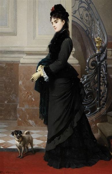 Une Femme Elegante Avec Chien Oil Painting by Antoine Jean Etienne (Tony) Faivre