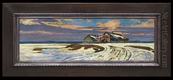 Winter Landscape With Pink Clouds Oil Painting by Julian Falat