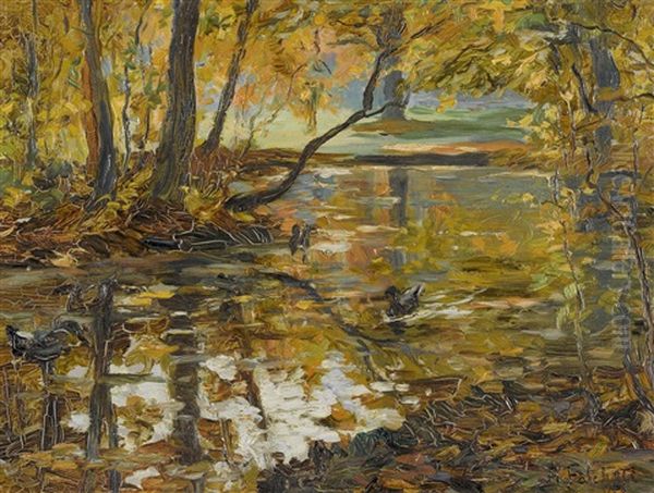 Herbstlicher Bach Mit Enten Oil Painting by Alberto Falchetti
