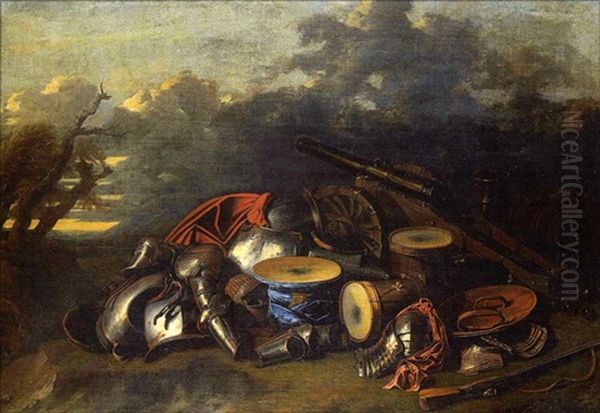 Trophees Militaires Dans Un Paysage (+ Another, Similar; Pair) Oil Painting by Aniello Falcone