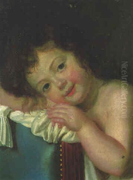 A Girl, Half-length, Leaning On The Back Of A Chair Oil Painting by Pierre-Etienne Falconet