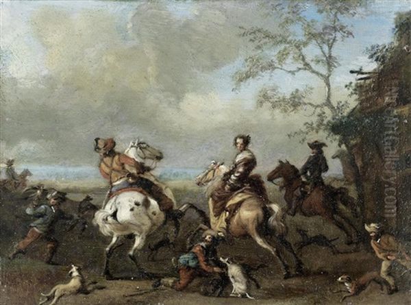 A Hawking Party Oil Painting by Carel van Falens or Valens