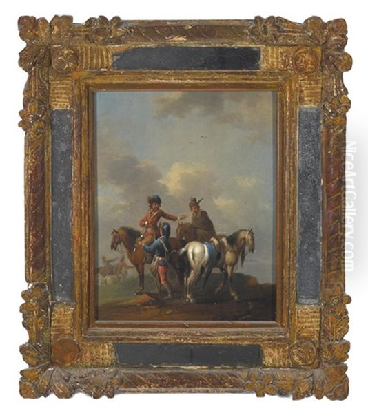 Wayfarers Pausing To Ask Their Way In An Open Landscape Oil Painting by Carel van Falens or Valens