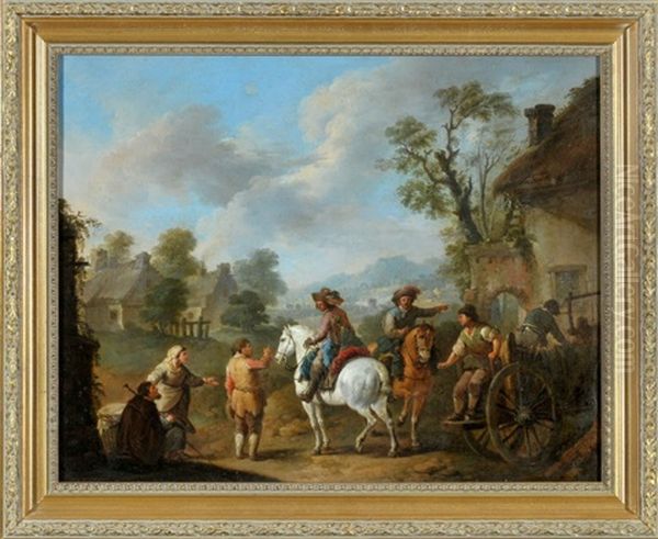 Edelmanner Zu Pferd Mit Handels- Und Bauersleuten Am Landhaus Oil Painting by Carel van Falens or Valens